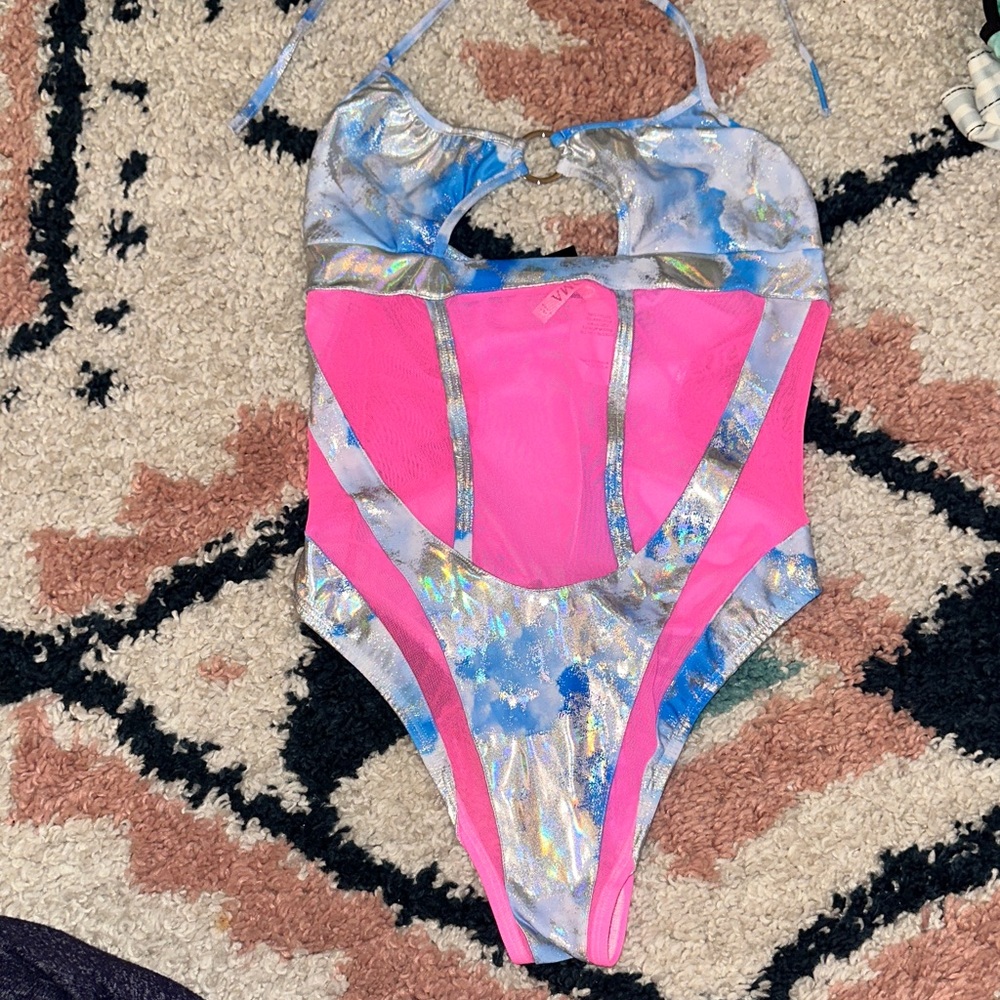 Roma Pink, Blue and Silver Holographic Mesh Bodysuit